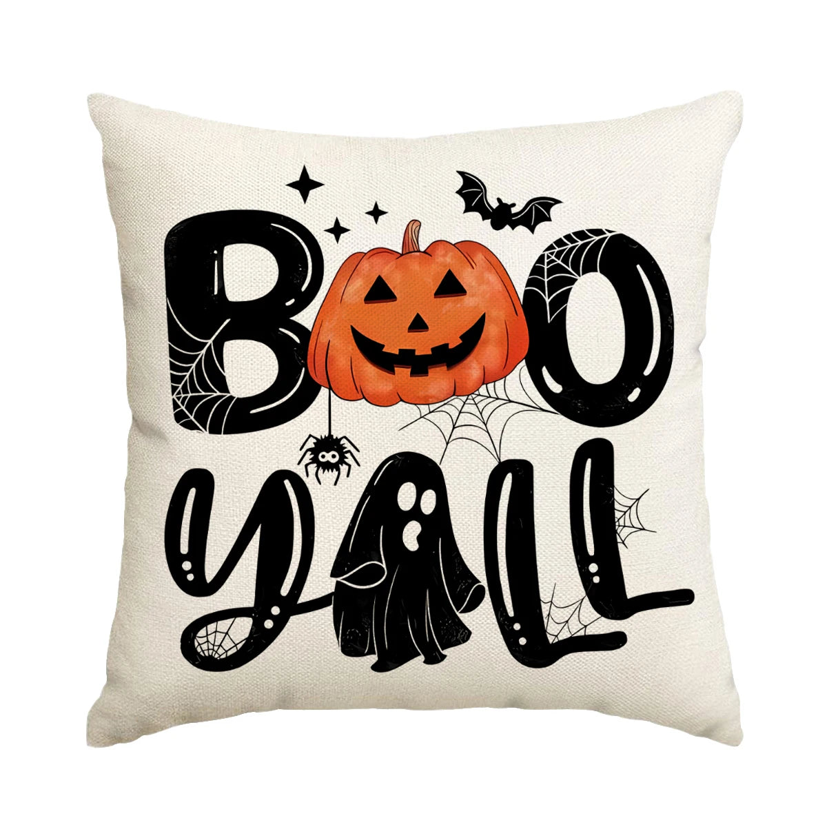 Almohada decorativa con gráficos de Halloween en negro y naranja, incluyendo calabazas, murciélagos y texto espeluznante.