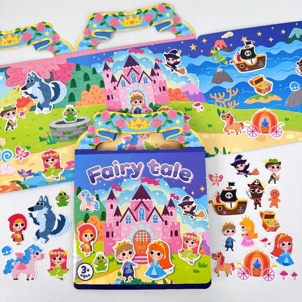 A colorful sticker book for toddlers featuring a fairy tale theme with various characters and scenes.