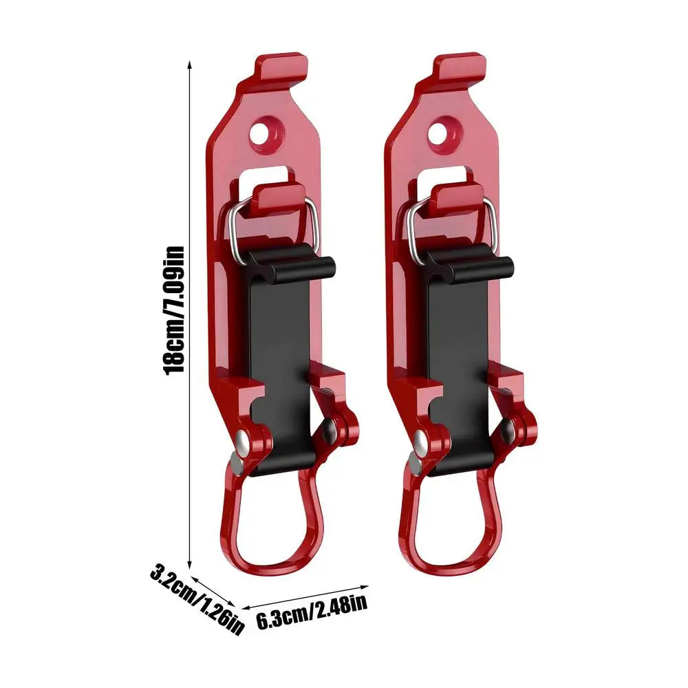 A pair of red heavy-duty quick release shovel holders designed for roof rack or wall mounting.