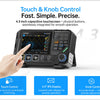 A hand touches the screen and knobs of a black FNIRSI oscilloscope, demonstrating touch and knob control features.