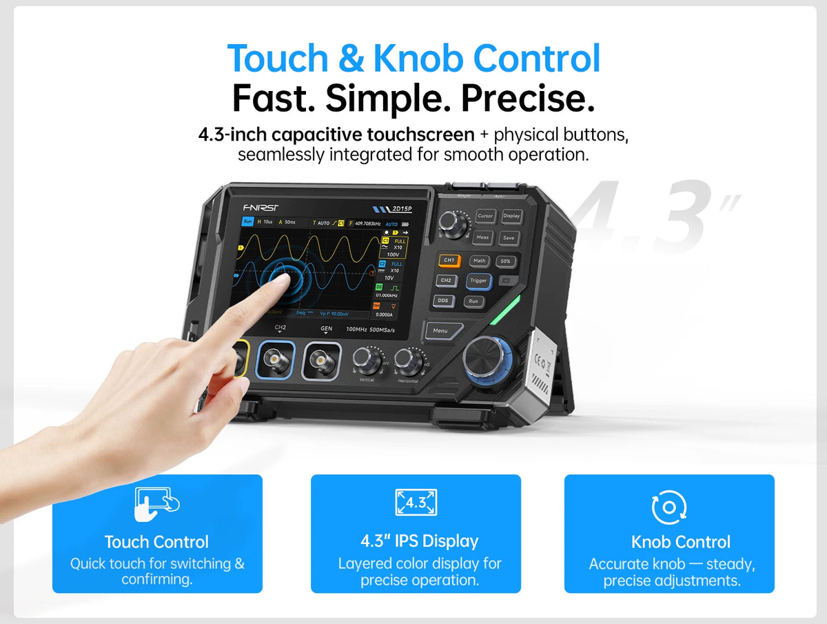 A hand touches the screen and knobs of a black FNIRSI oscilloscope, demonstrating touch and knob control features.