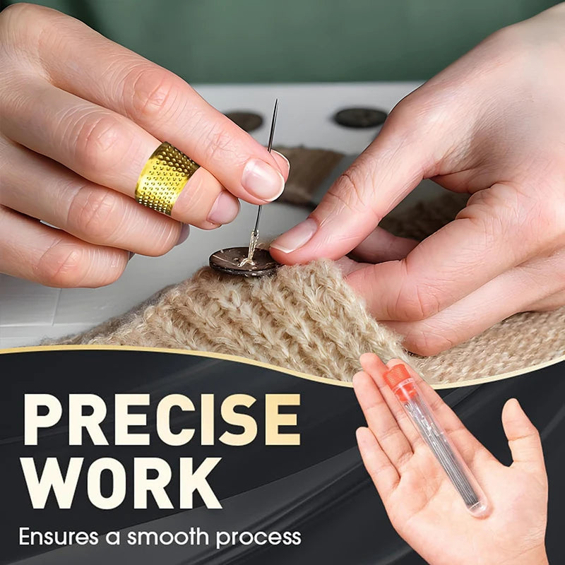 Hands are using a stainless steel sewing needle to thread thick yarn, demonstrating precise work.