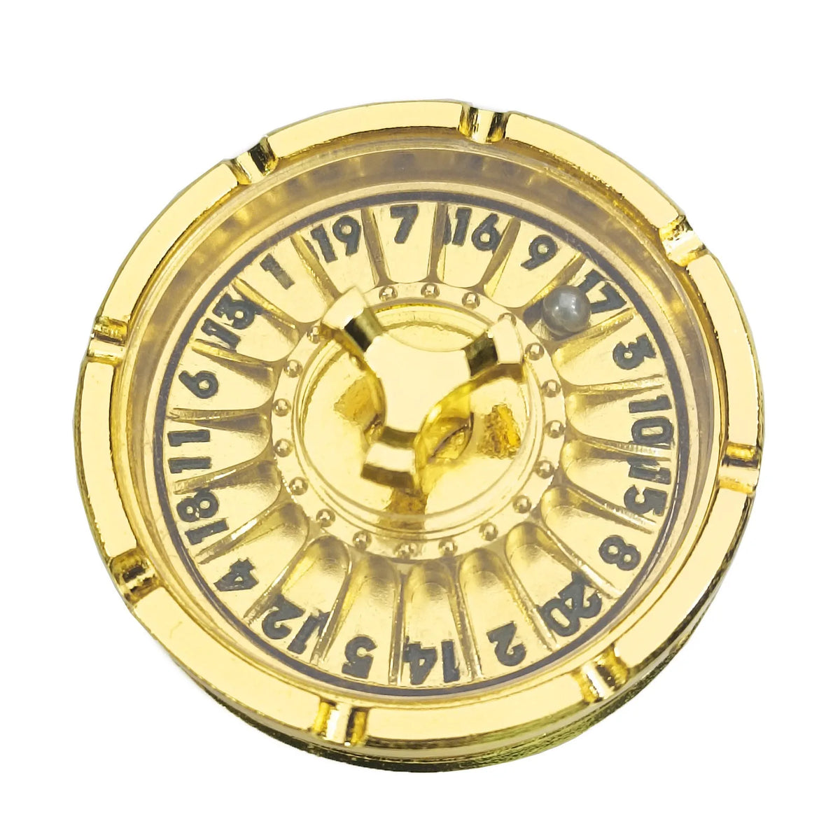 A gold-colored metal fingertip gyro roulette dice with numbered slots for tabletop games.