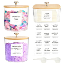Storage containers for laundry pods, dryer sheets, detergent, and balls with lids and labels