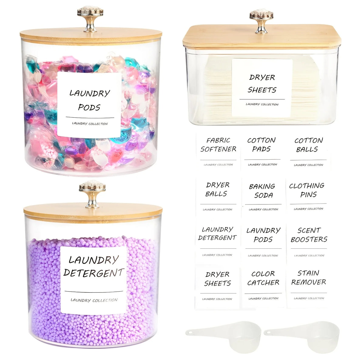 Storage containers for laundry pods, dryer sheets, detergent, and balls with lids and labels