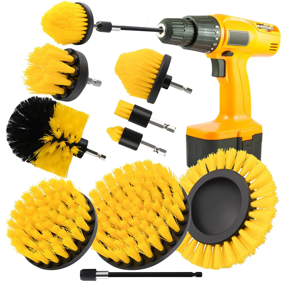 A set of yellow and black rotary cleaning brushes with extension shafts for drills.