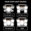 Four-stop light source showing different lighting modes including main light on, side lights on, five lights on, and POP mode