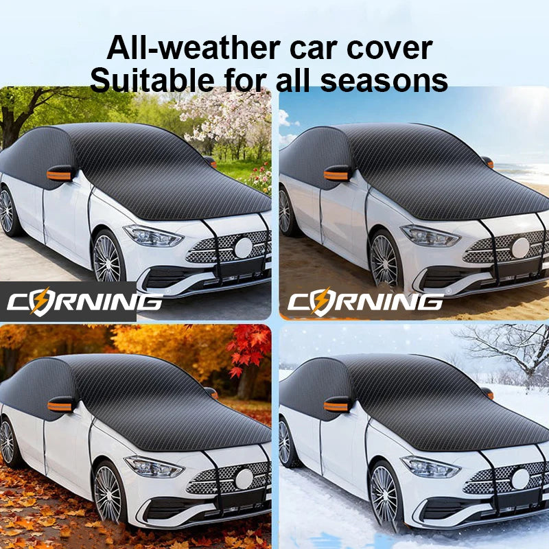 Black all-weather car cover suitable for all seasons protecting a white vehicle's windshield.