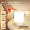 A hand turns on a white LED table lamp using various touch methods, demonstrating short and long press functions.