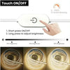 A hand is shown touching a white device to turn on or off a light, with brightness levels indicated below.