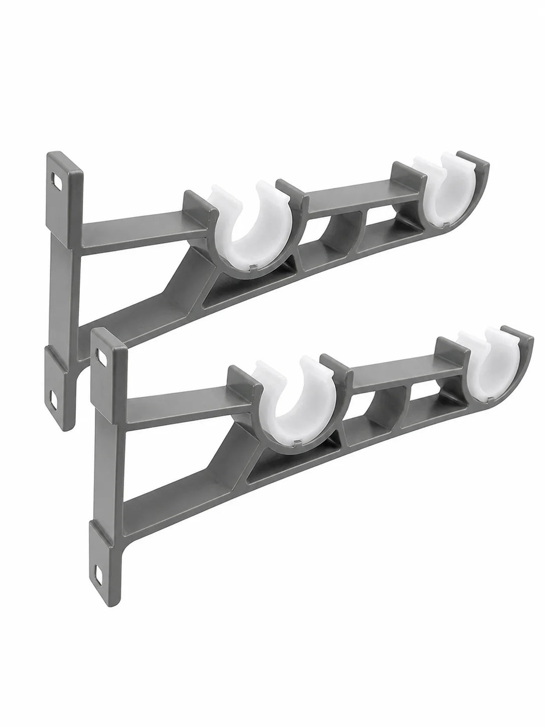 A pair of heavy duty gray double curtain rod brackets for wall mounting, designed to fit 1 to 1.2 inch rods.