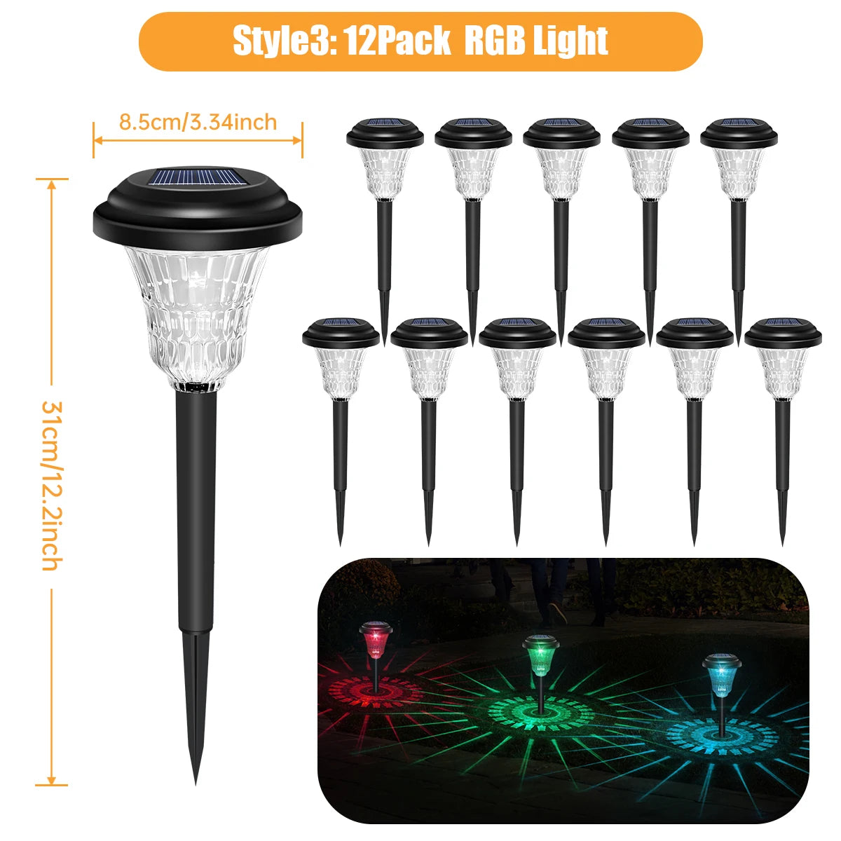 A set of 12 pack RGB light solar pathway lights shown with dimensions and an example of their illumination.