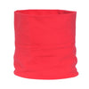 A bright red, knitted neck warmer or scarf for men and women.