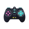 A black silicone game controller designed as a teether for babies.