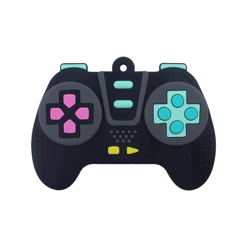 A black silicone game controller designed as a teether for babies.