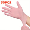 A hand wearing a pink disposable nitrile glove is shown, with the text 50PCS visible in the background.