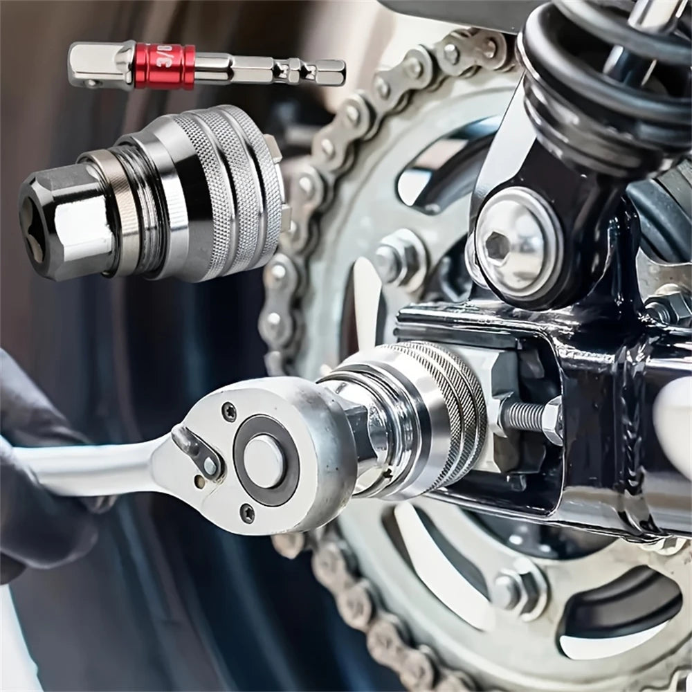 A close-up of a universal adjustable socket wrench being used on a bicycle chain and sprocket.