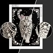 Diamond painting kit featuring a cat pattern with pearl accents on a white background.