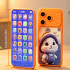 An orange kids smartphone learning toy displaying various icons for music, story, and educational content.
