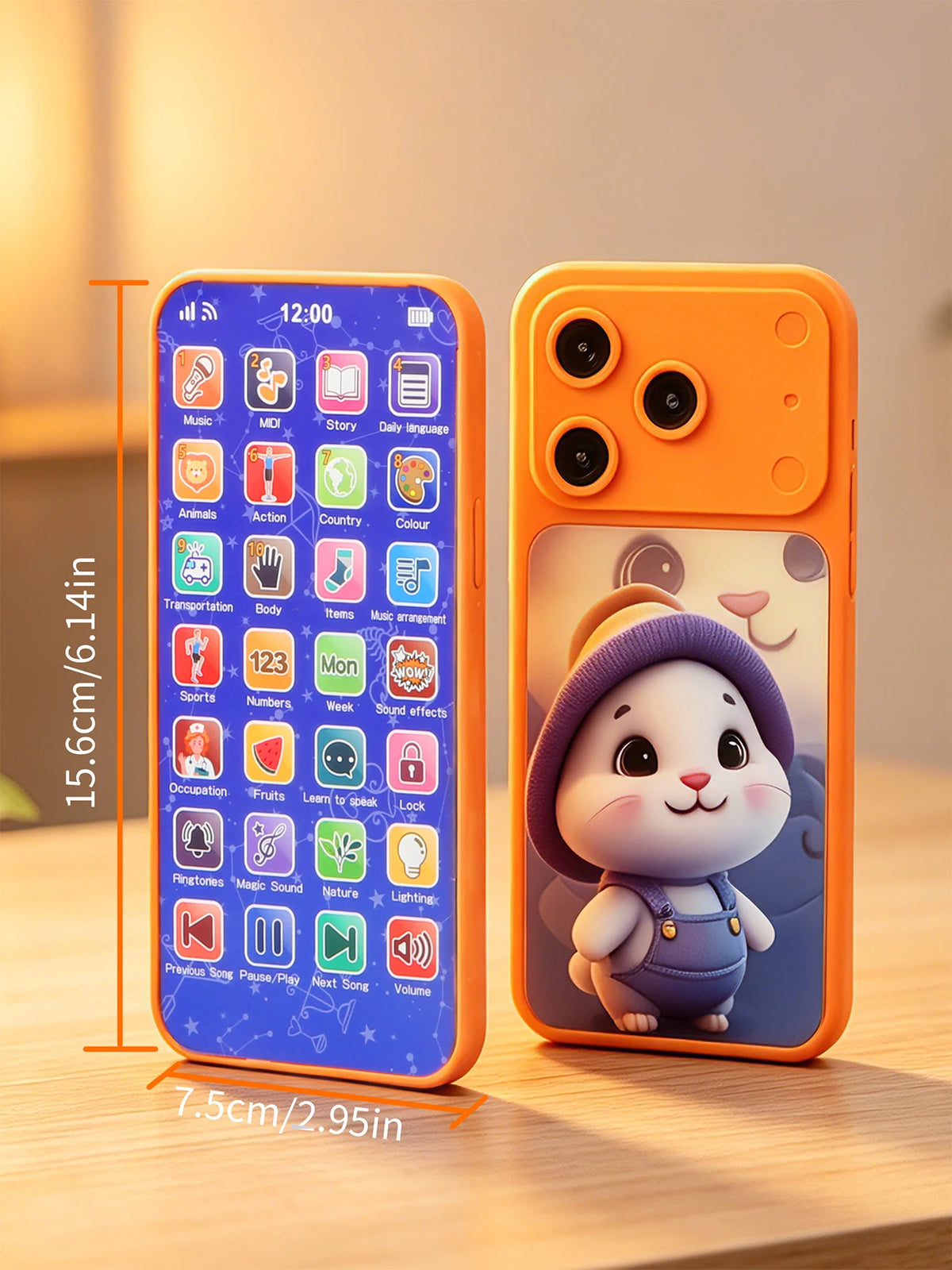 An orange kids smartphone learning toy displaying various icons for music, story, and educational content.