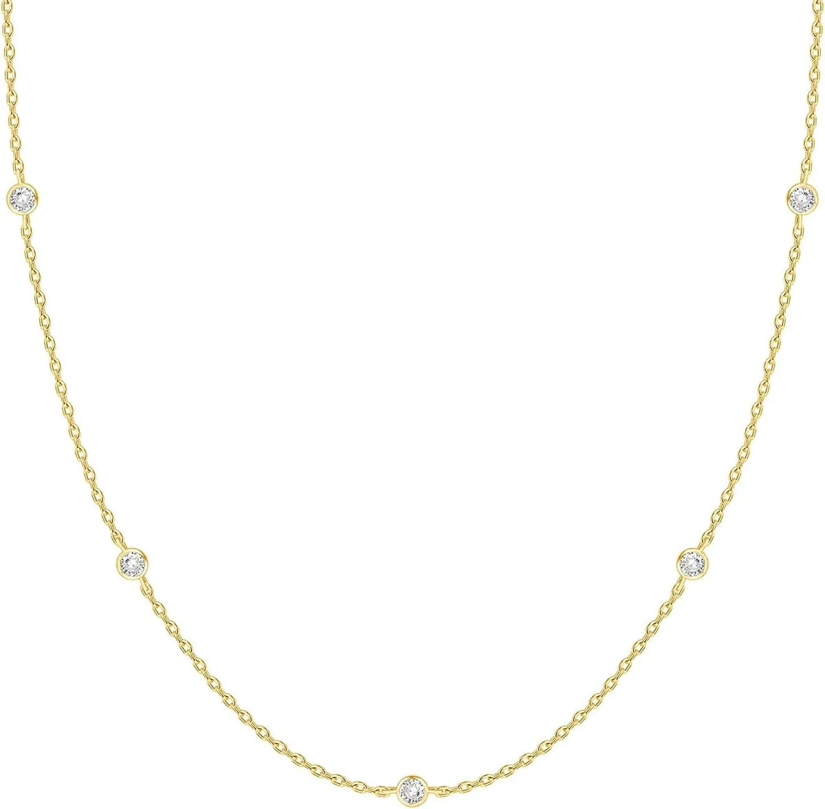 A delicate gold chain necklace featuring small simulated diamonds.