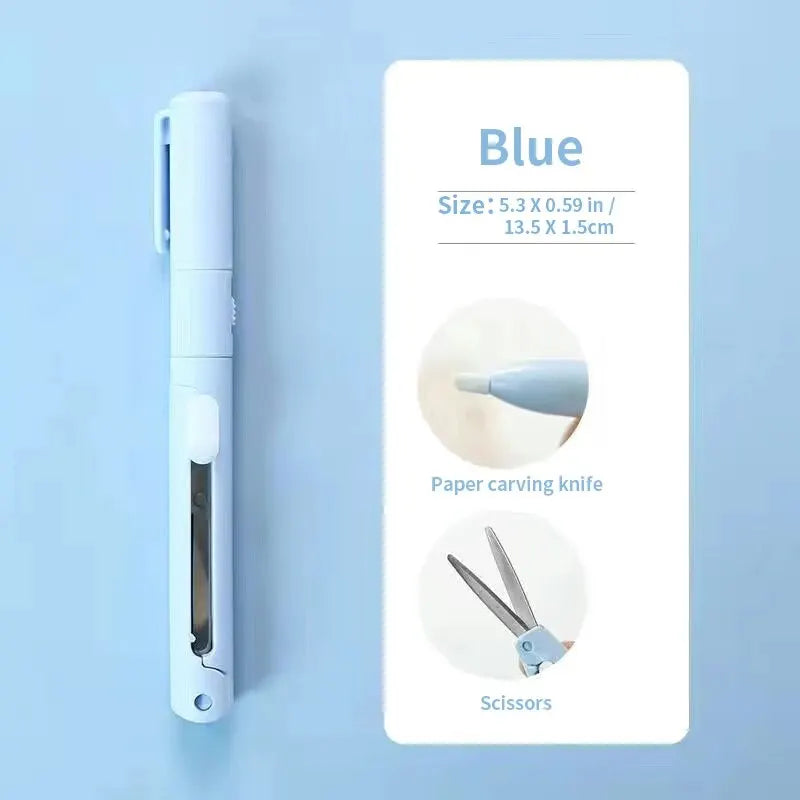 A white pen-shaped tool for paper carving, featuring a knife and scissors.