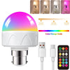 A white smart LED bulb with a colorful gradient glow, along with its charging cable and remote control.