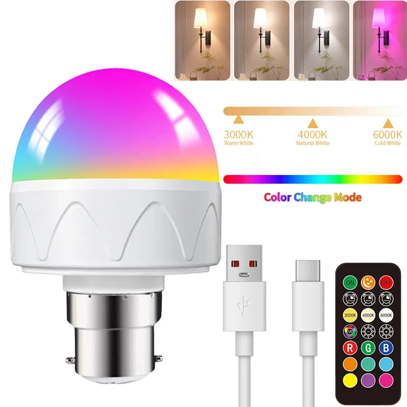 A white smart LED bulb with a colorful gradient glow, along with its charging cable and remote control.