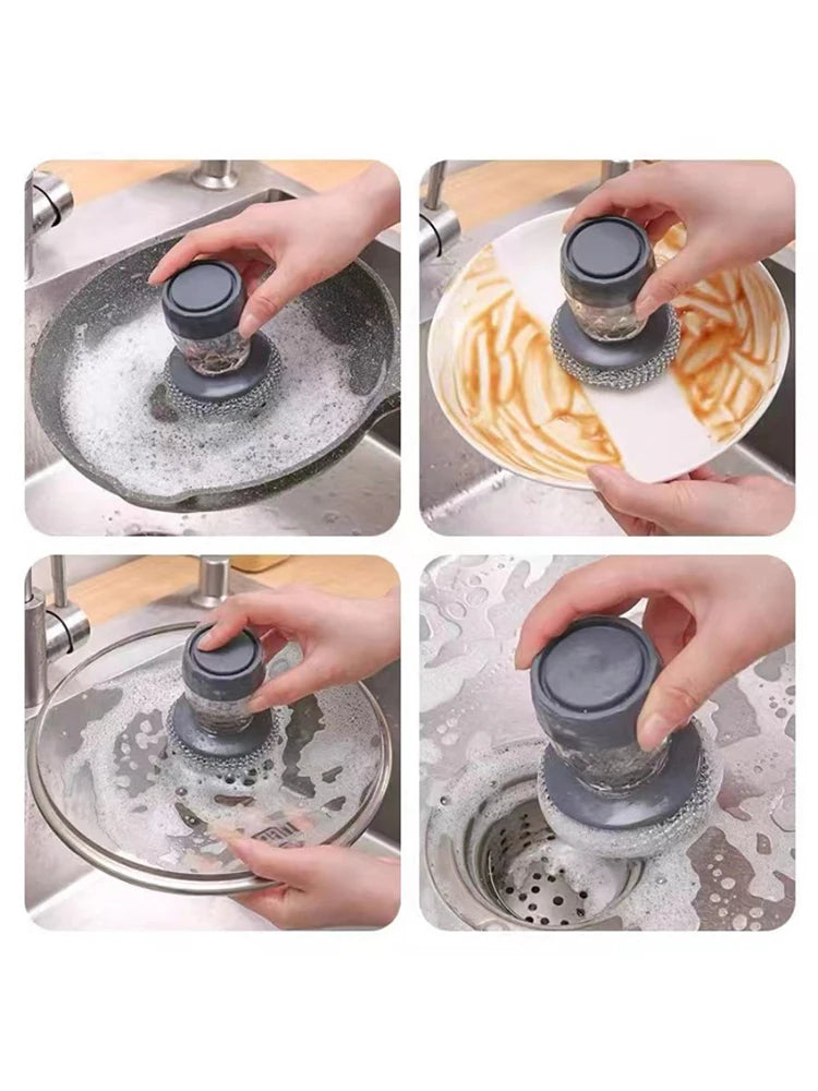 Hands demonstrate using a press dish brush with a built-in soap dispenser to clean dishes.