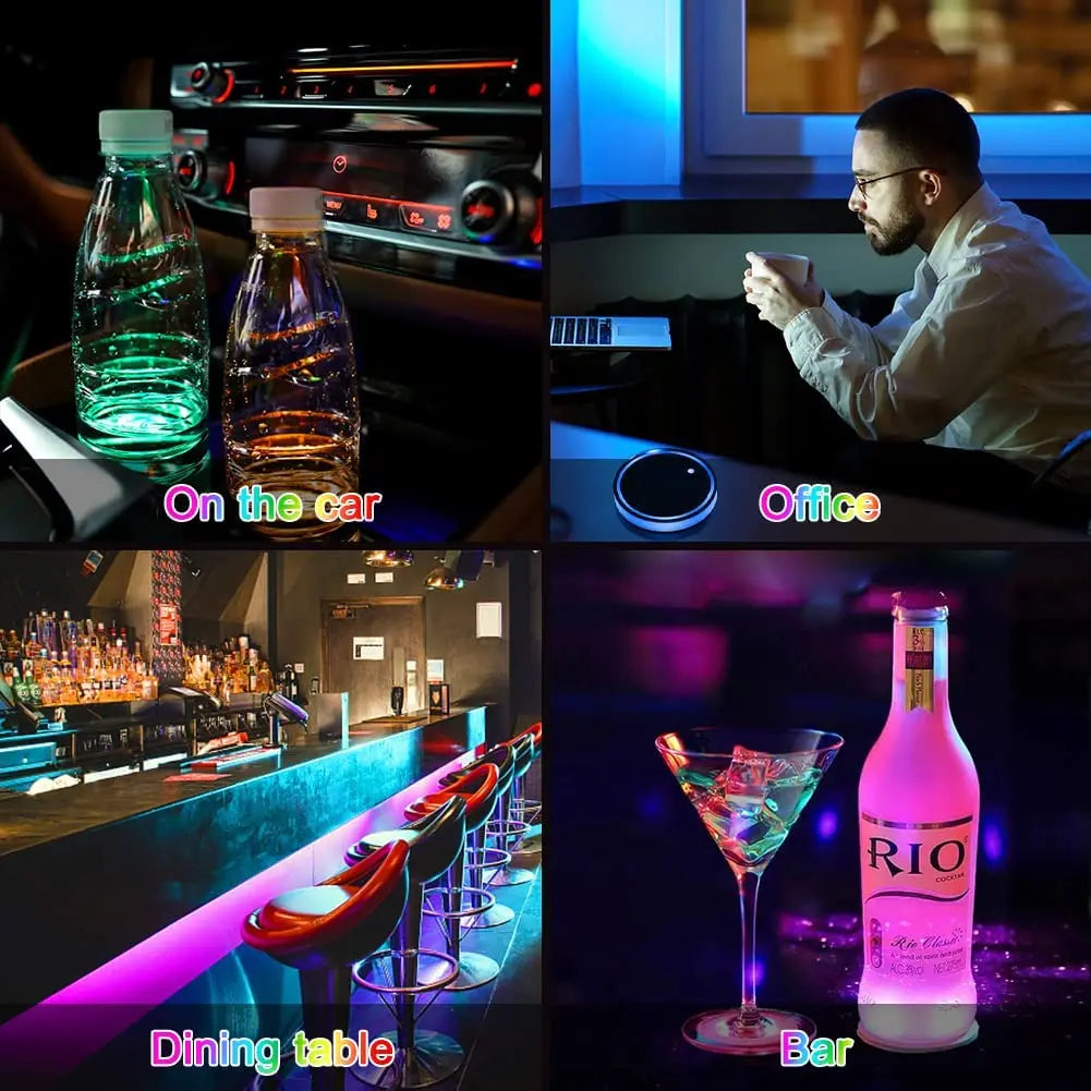 A collage showing rechargeable LED cup holder lights used in a car, office, dining table, and bar setting.