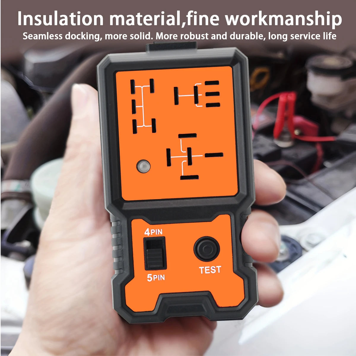 A hand holds an orange and black compact 4-pin automotive relay tester device.