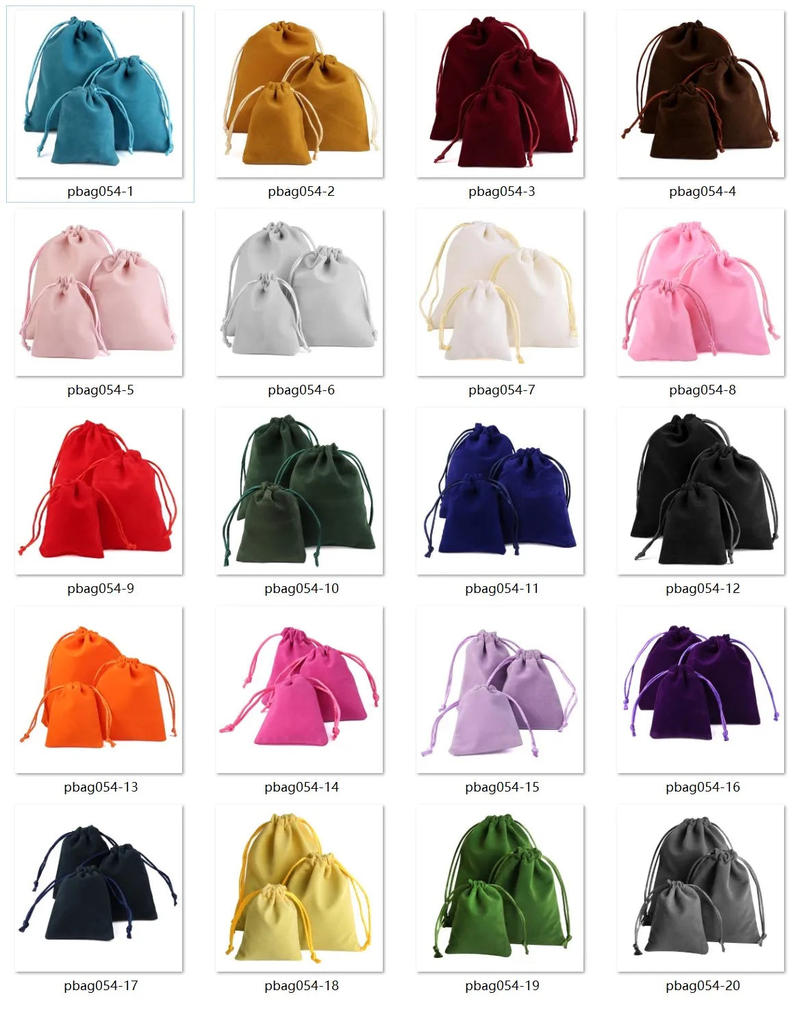 A collection of velvet drawstring jewelry pouches in various shades of red, pink, yellow, and green.