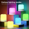Various lighting modes shown as glowing lamps in different colors on a multi-layered surface.