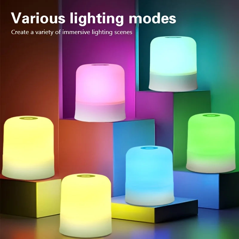 Various lighting modes shown as glowing lamps in different colors on a multi-layered surface.