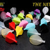 A collection of precision dart flights in various colors and shapes including teardrop and big wing designs.
