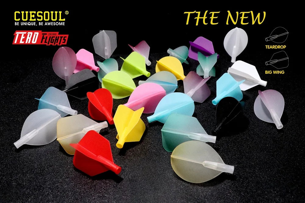 A collection of precision dart flights in various colors and shapes including teardrop and big wing designs.