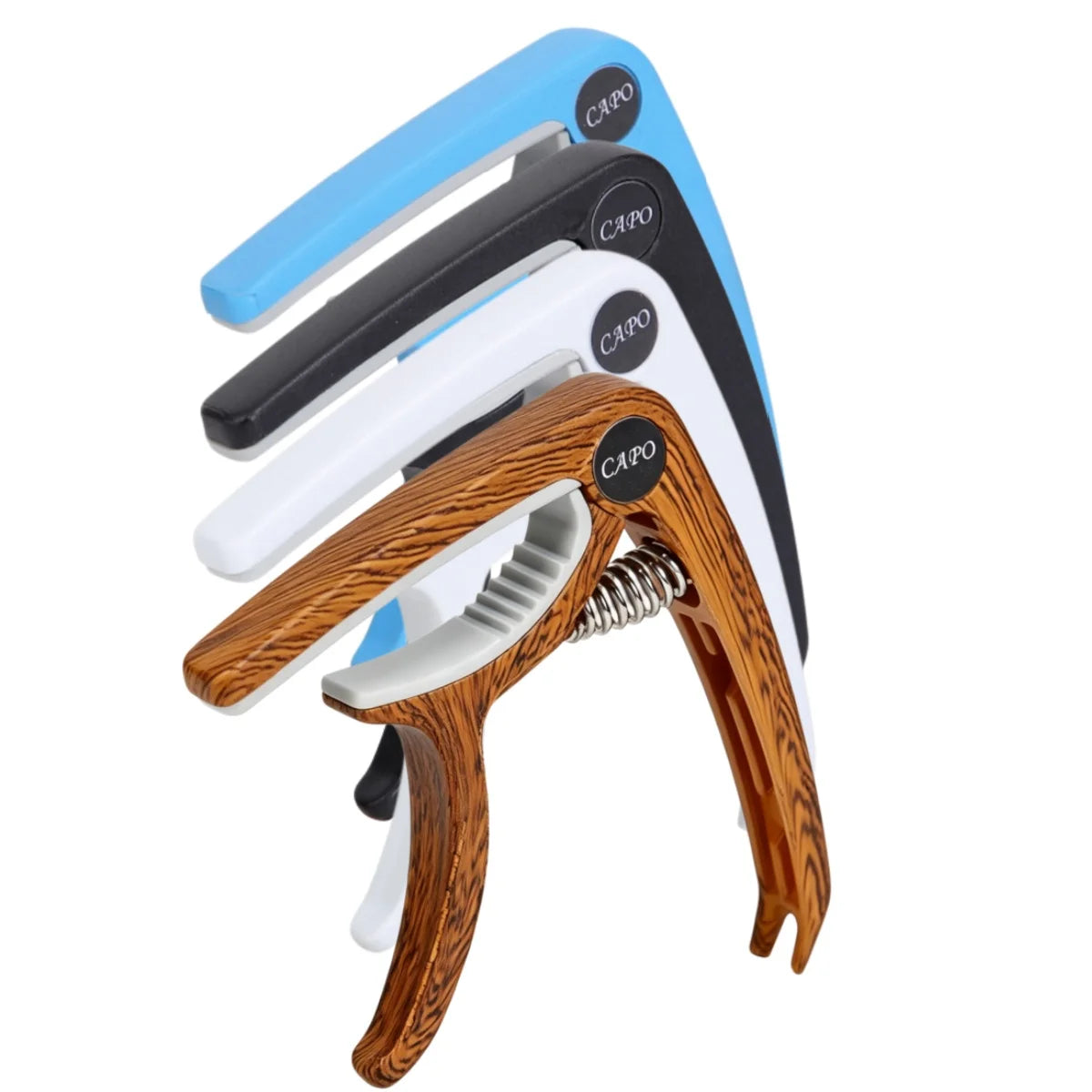 A set of adjustable guitar capos with built-in bridge pin pullers in blue, black, and white.