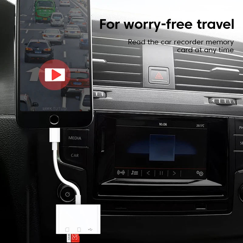 Mobiltelefonbild zeigt eine Autokamera, neben einem Universal Type-C Multi-Card-Reader-Adapter für sorgenfreies Reisen.