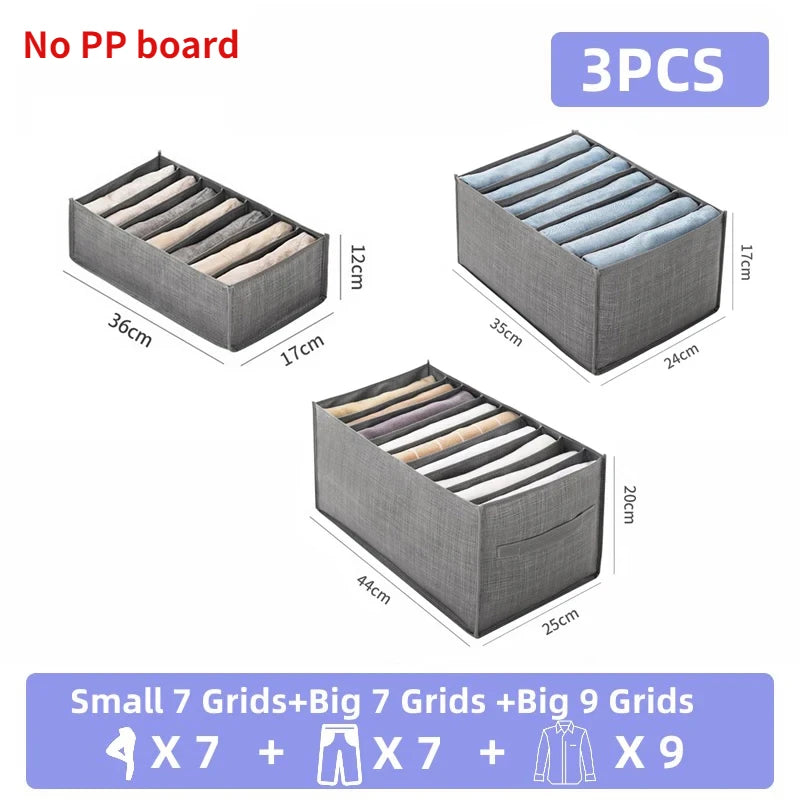 Three gray fabric storage boxes for organizing folded underwear, socks, and accessories in grid compartments.