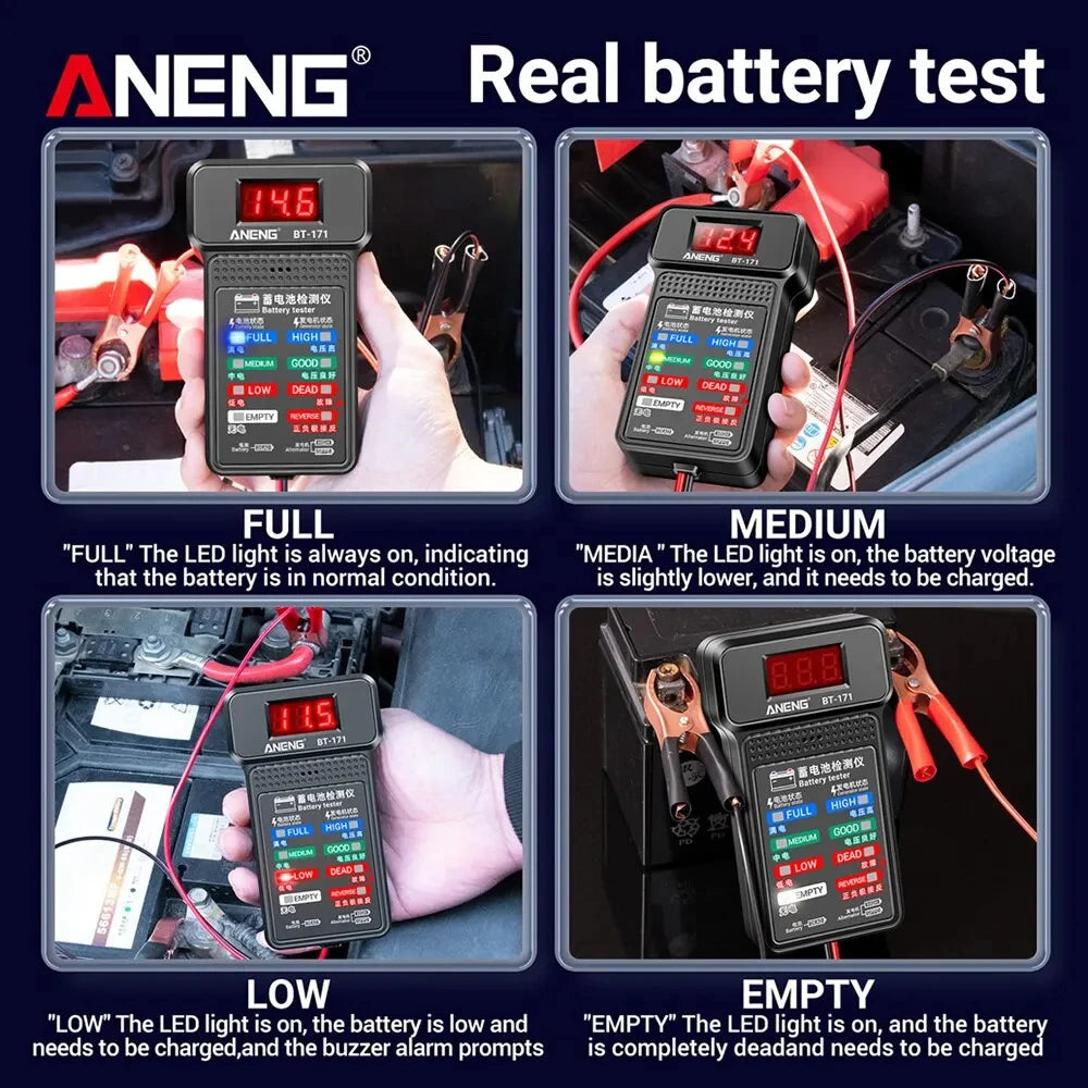 12V Car Battery Tester with LED Display and Reverse Connection Alarm