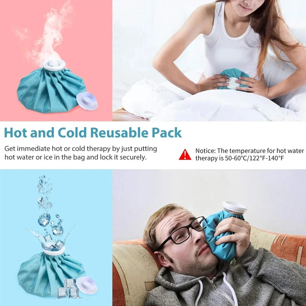 A woman uses a teal reusable ice pack for therapy, while another person holds a blue hot water pack.