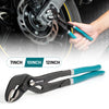 A pair of multi-function water pump pliers in black and teal are shown next to a size chart.