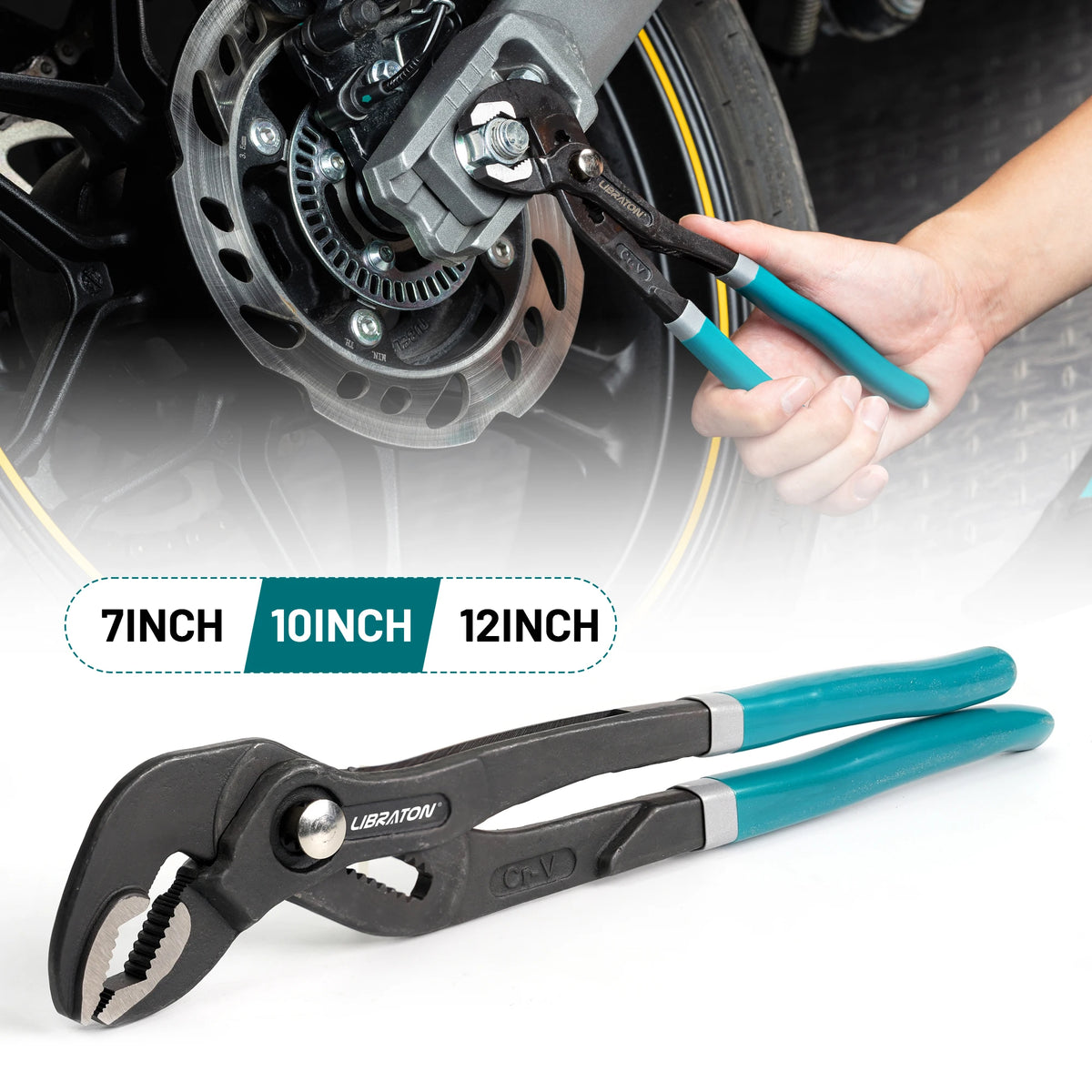 A pair of multi-function water pump pliers in black and teal are shown next to a size chart.