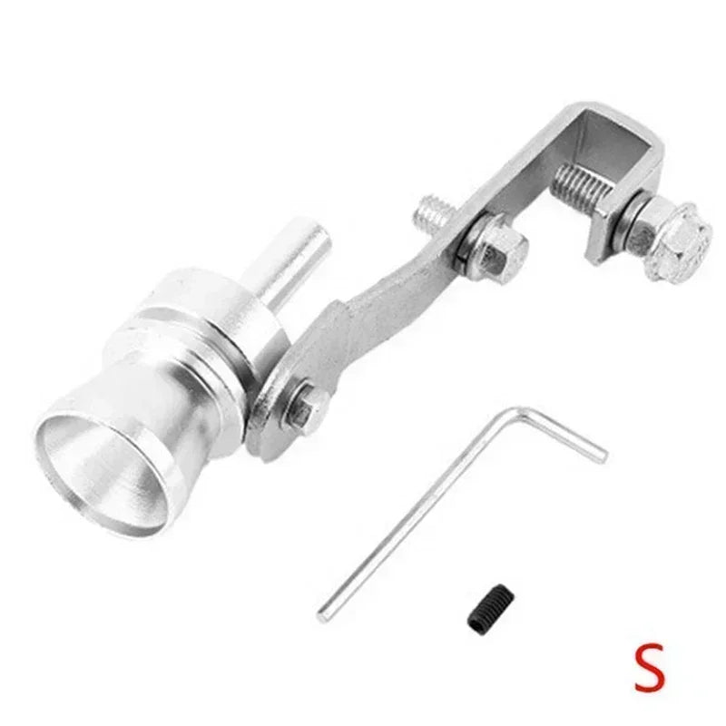 A silver turbo sound whistle fitting for a car exhaust pipe with mounting hardware.