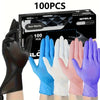 A pack of 100 disposable nitrile gloves in various colors including black blue white pink and purple