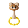A light brown cartoon animal rattle toy with a handle and yellow ring for baby sensory development.