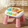 A white baby activity table featuring colorful puzzle pieces and toys for children.