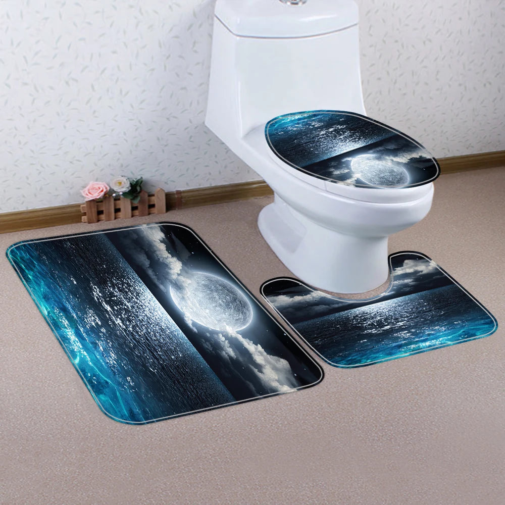 A white toilet features a blue ocean wave lid cover and matching silicone mats for bathroom use.