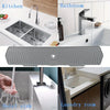 Large silicone faucet mat with a self-draining tray shown in kitchen, bathroom, and laundry room contexts.