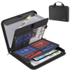 A black fireproof waterproof document organizer bag with multiple compartments and a passport visible inside.